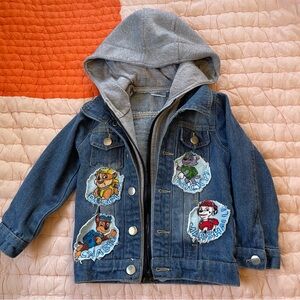 Blue and Gray Jean Jacket with Hood and Cartoon Patches